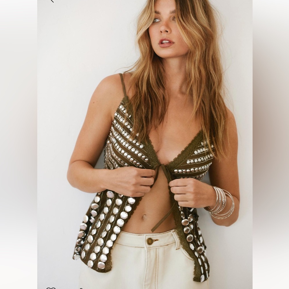 Studded Lace Trim Tie Front Camisole